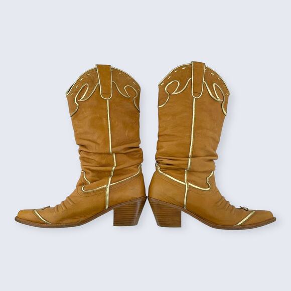 Naona Nana? Light Brown Leather Tall 2.5" Stacked Heel Western Cowgirl Boots 7.5 - Picture 6 of 10